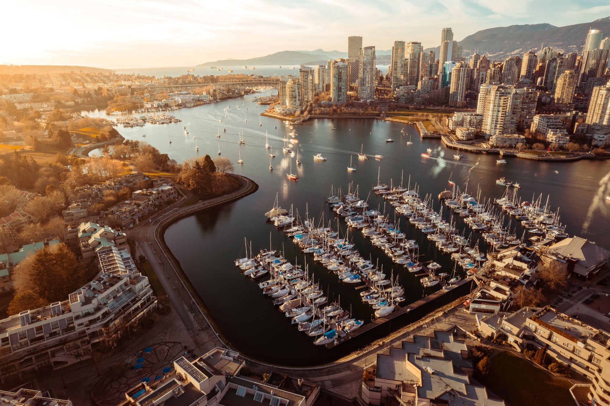 False Creek — marina and downtown skyline at golden hour